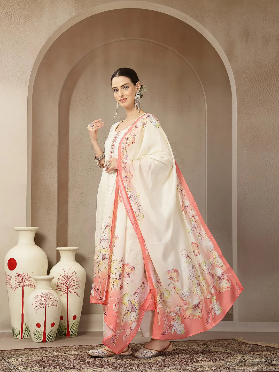 Cream And Peach Mul Chanderi Silk Floral Print Anarkali Kurta Trouser Dupatta Set