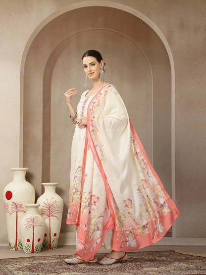Cream And Peach Mul Chanderi Silk Floral Print Anarkali Kurta Trouser Dupatta Set