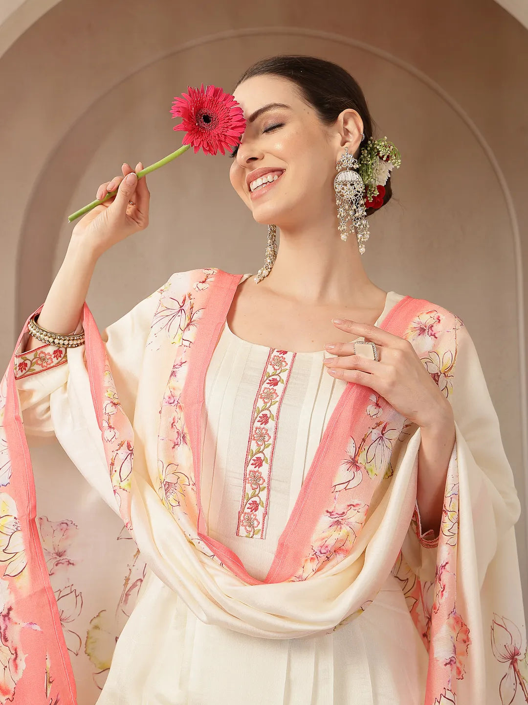 Cream And Peach Mul Chanderi Silk Floral Print Anarkali Kurta Trouser Dupatta Set