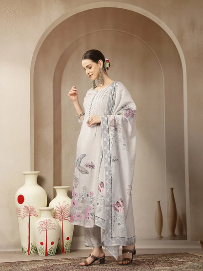 Mul Chanderi Light Grey Kurta Dupatta Pant Set