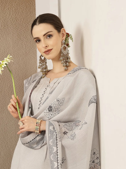 Mul Chanderi Light Grey Kurta Dupatta Pant Set