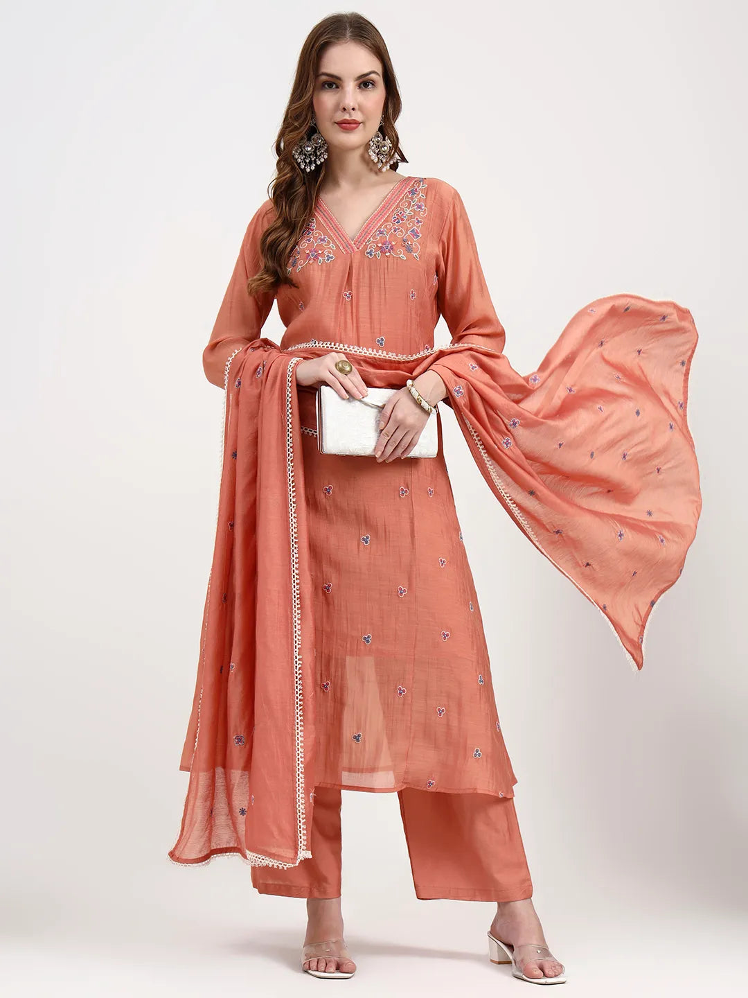Peach Chanderi Silk Kantha Work Anarkali Kurta Trouser Dupatta Set