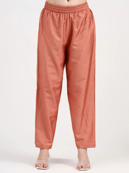 Peach Chanderi Silk Kantha Work Anarkali Kurta Trouser Dupatta Set