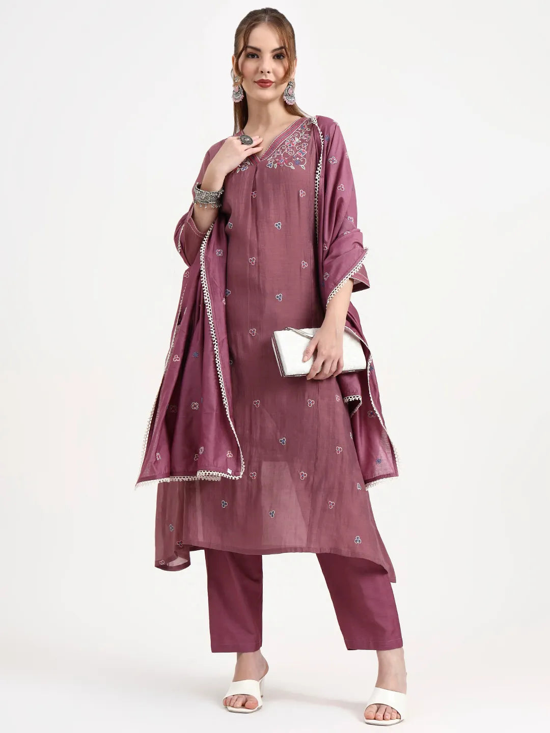 Purple Chanderi Silk Kantha Work Anarkali Kurta Trouser Dupatta Set