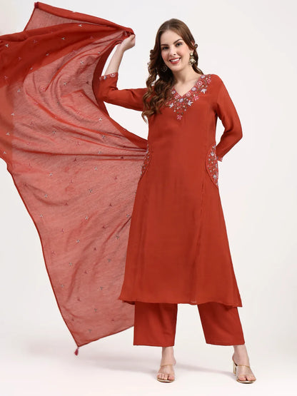 Red Mul Chanderi Silk Thread Work Anarkali Kurta Trouser Dupatta Set