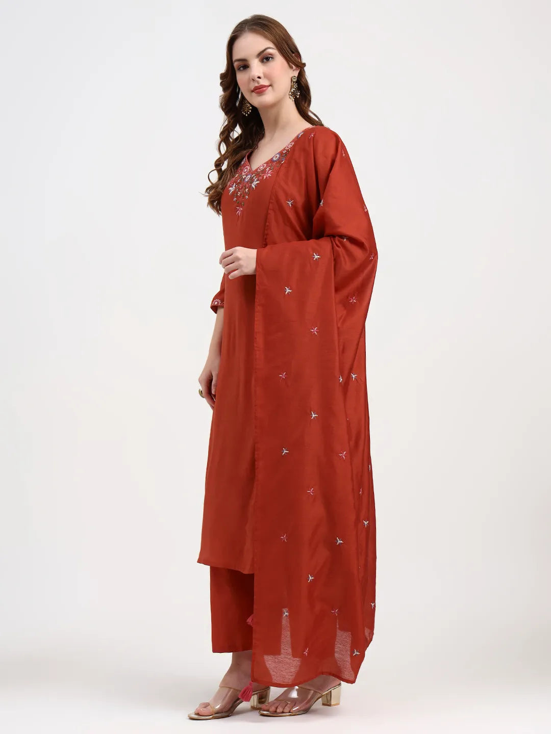 Red Mul Chanderi Silk Thread Work Anarkali Kurta Trouser Dupatta Set