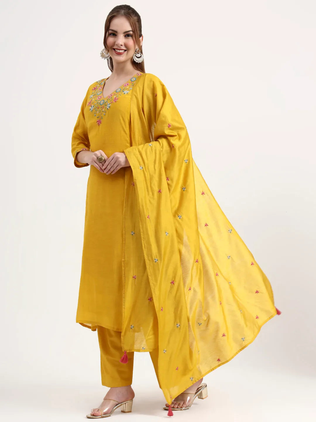 Yellow Mul Chanderi Silk Thread Work Anarkali Kurta Trouser Dupatta Set