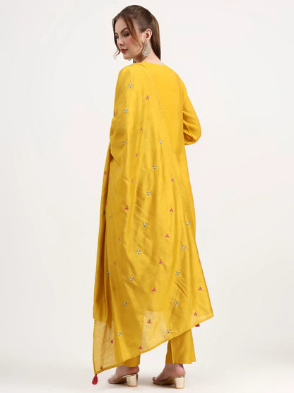 Yellow Mul Chanderi Silk Thread Work Anarkali Kurta Trouser Dupatta Set
