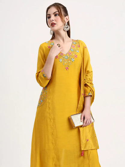 Yellow Mul Chanderi Silk Thread Work Anarkali Kurta Trouser Dupatta Set