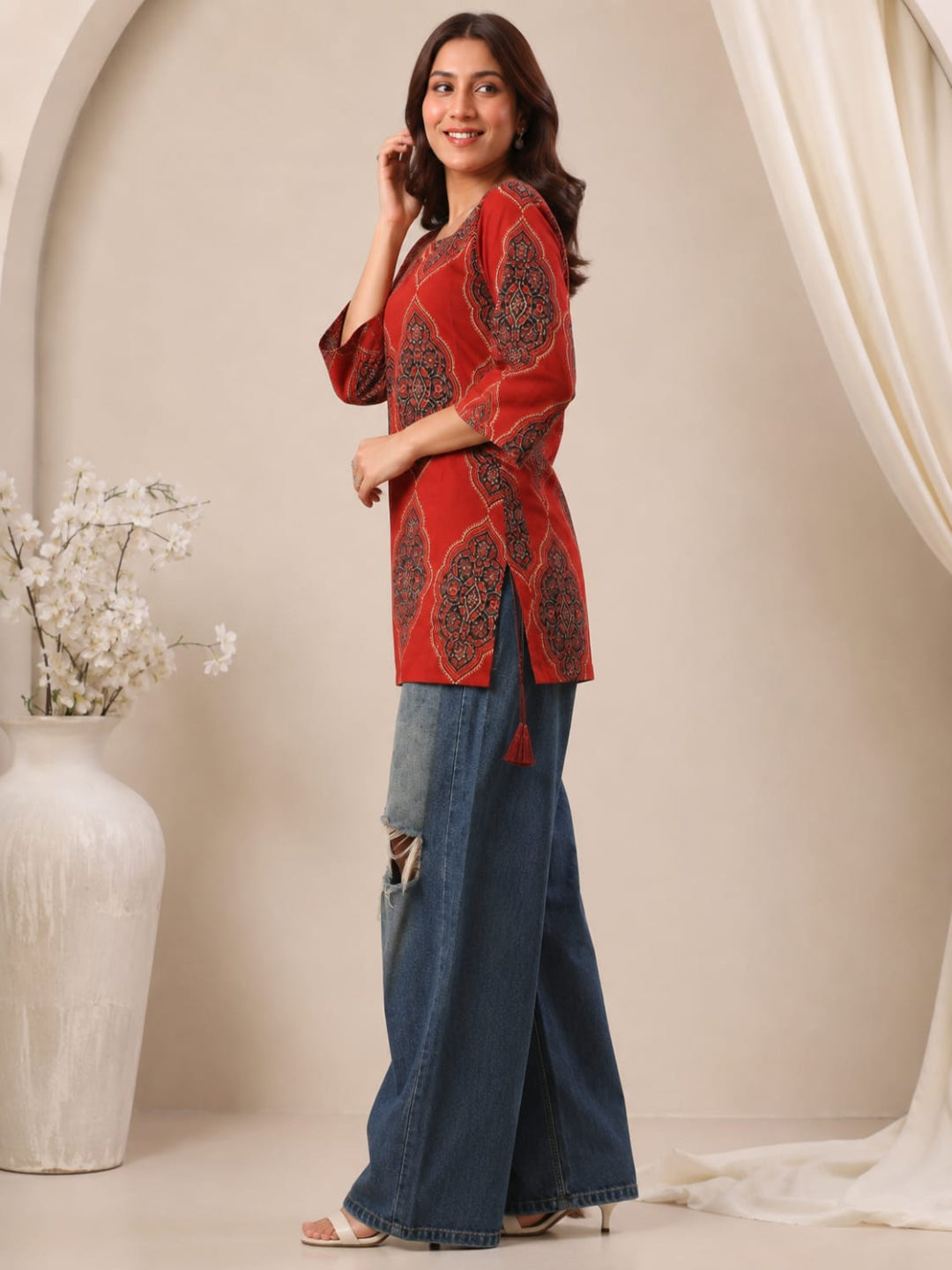 Cotton Printed Three-Quarter Sleeves Kurti