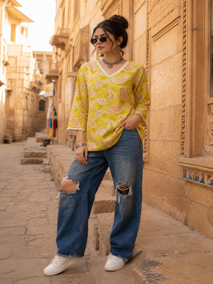Paisley Printed V-Neck Pure Cotton Kurti