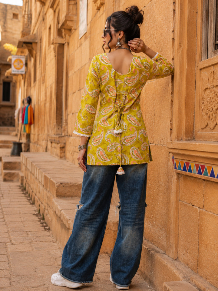 Paisley Printed V-Neck Pure Cotton Kurti