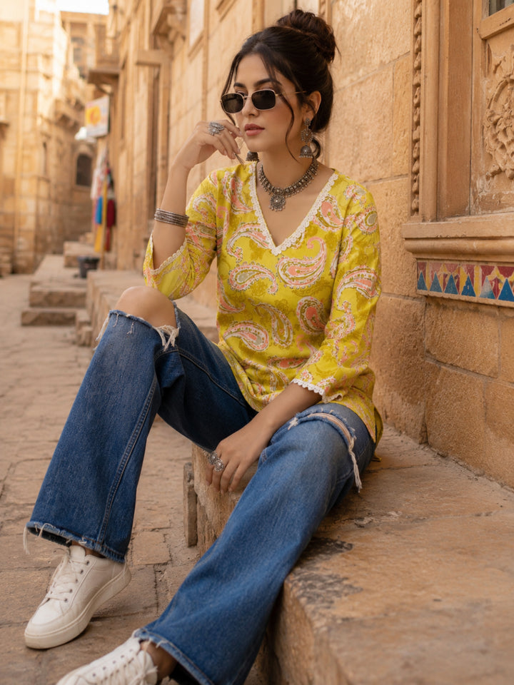 Paisley Printed V-Neck Pure Cotton Kurti