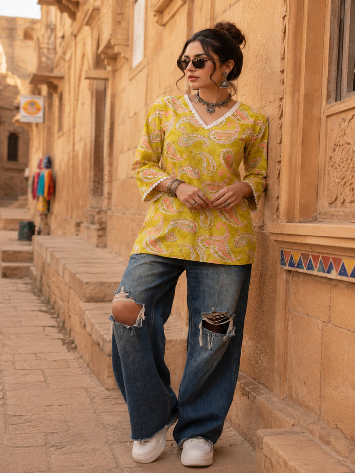 Paisley Printed V-Neck Pure Cotton Kurti