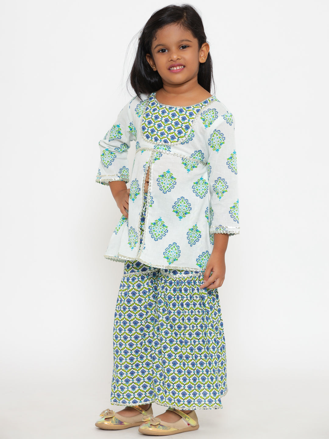 A-Line Style Cotton Fabric White Color Floral Printed Kurta And Sharara With Gota Lace