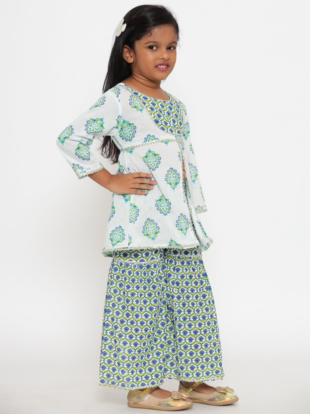 A-Line Style Cotton Fabric White Color Floral Printed Kurta And Sharara With Gota Lace