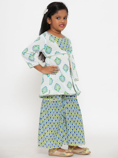 A-Line Style Cotton Fabric White Color Floral Printed Kurta And Sharara With Gota Lace
