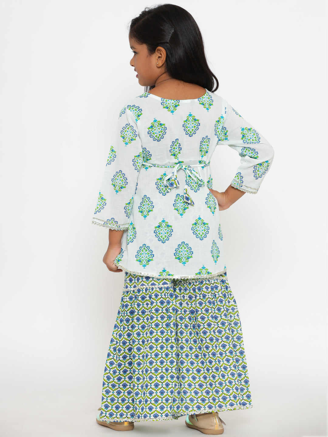 A-Line Style Cotton Fabric White Color Floral Printed Kurta And Sharara With Gota Lace