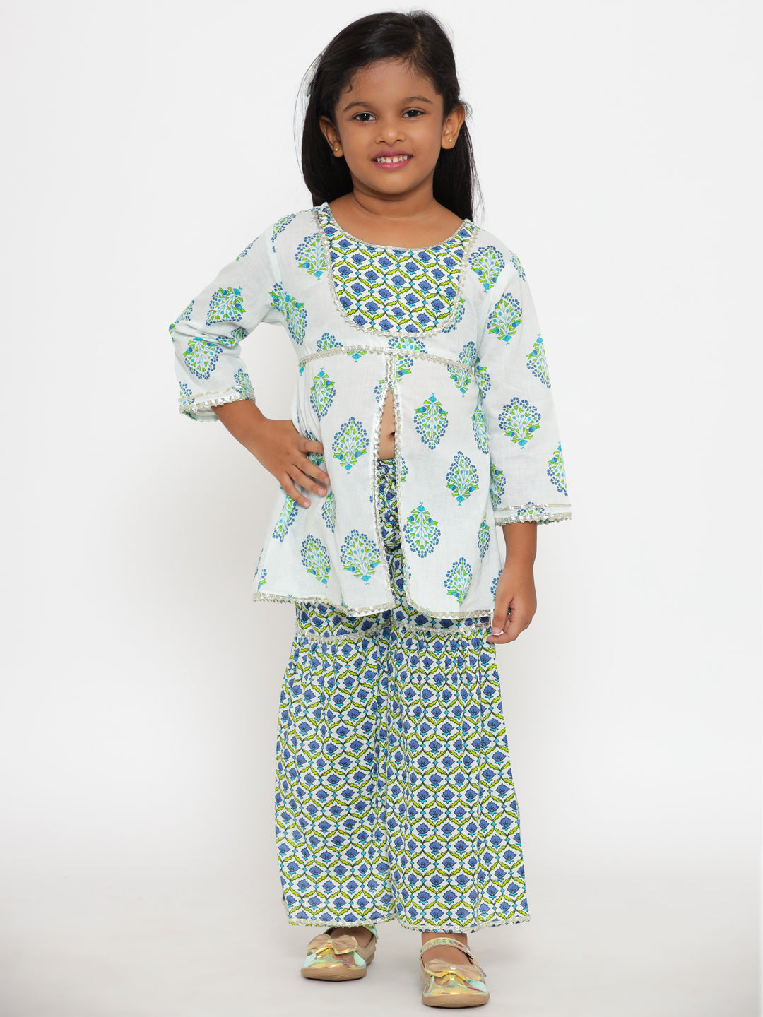 A-Line Style Cotton Fabric White Color Floral Printed Kurta And Sharara With Gota Lace