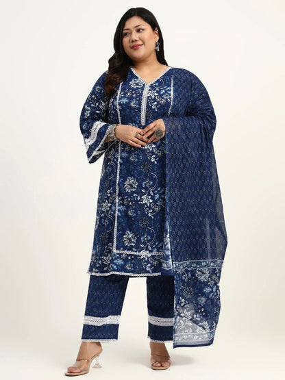 Cotton Straight Kurta Dupatta Set (Plus Size)