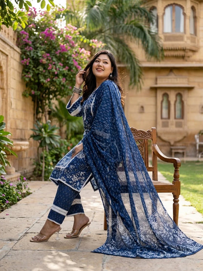 Cotton Straight Kurta Dupatta Set (Plus Size)