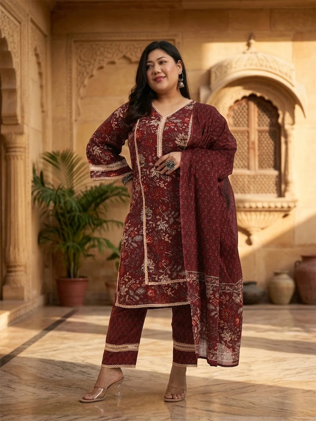 Cotton Straight Kurta Dupatta Set (Plus Size)
