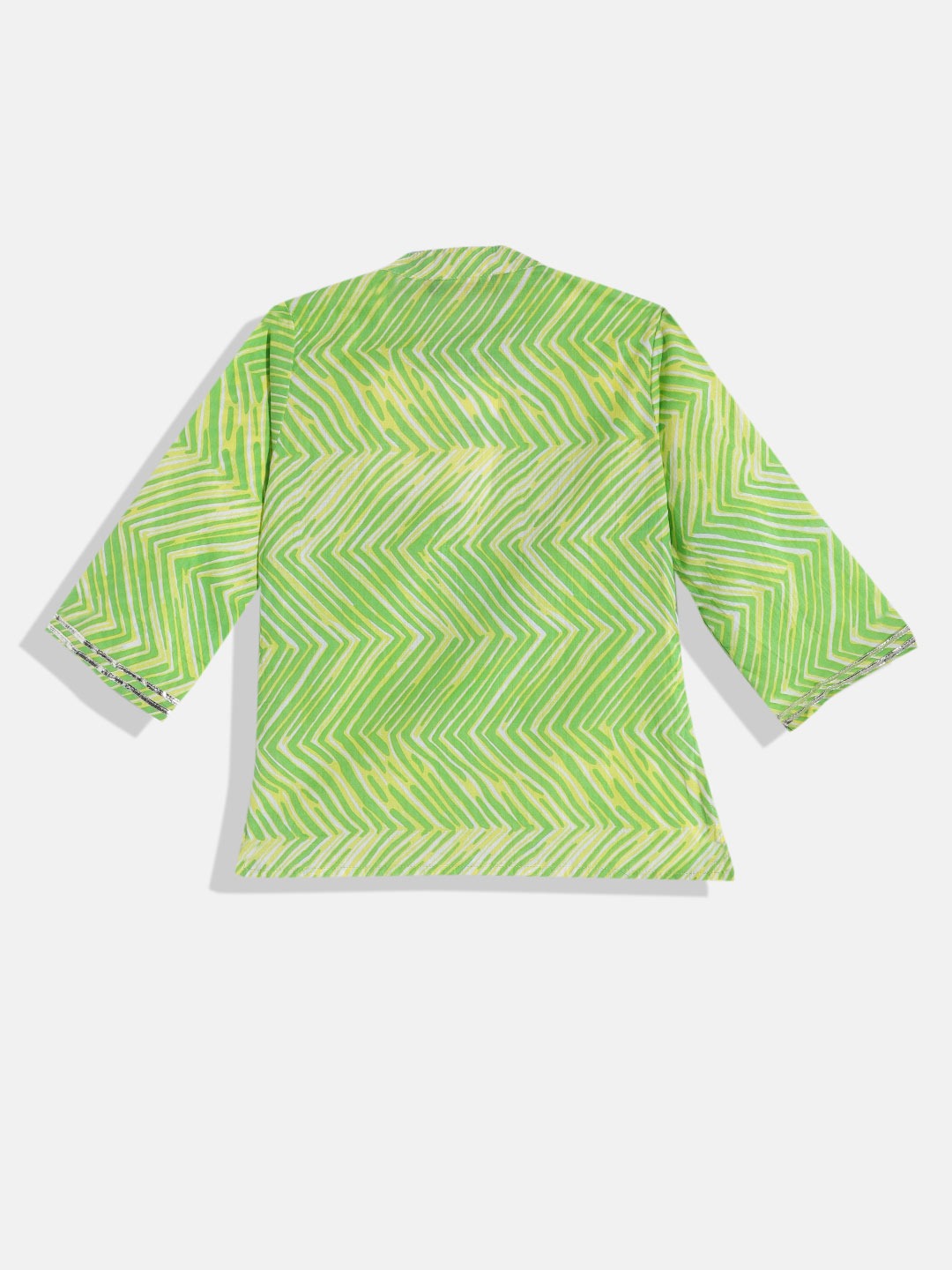 Boys Cotton Fabric Green Color Leheriya Printed Kurta And White Color Pyjama With Gota Lace Work