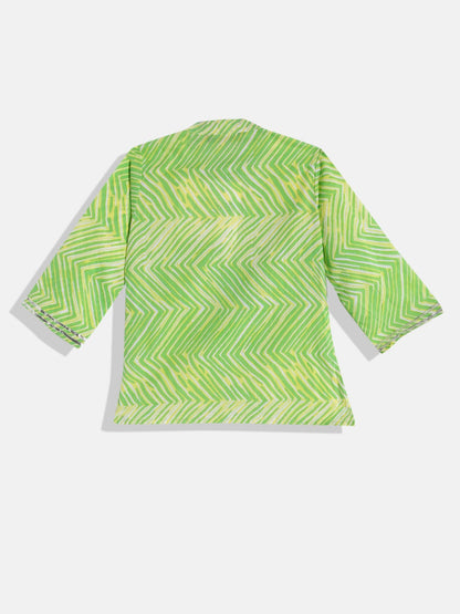 Boys Cotton Fabric Green Color Leheriya Printed Kurta And White Color Pyjama With Gota Lace Work