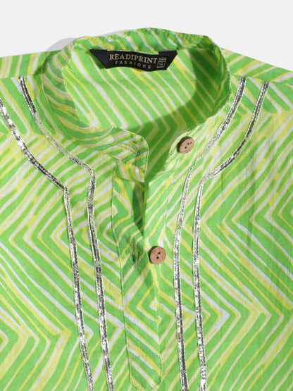 Boys Cotton Fabric Green Color Leheriya Printed Kurta And White Color Pyjama With Gota Lace Work