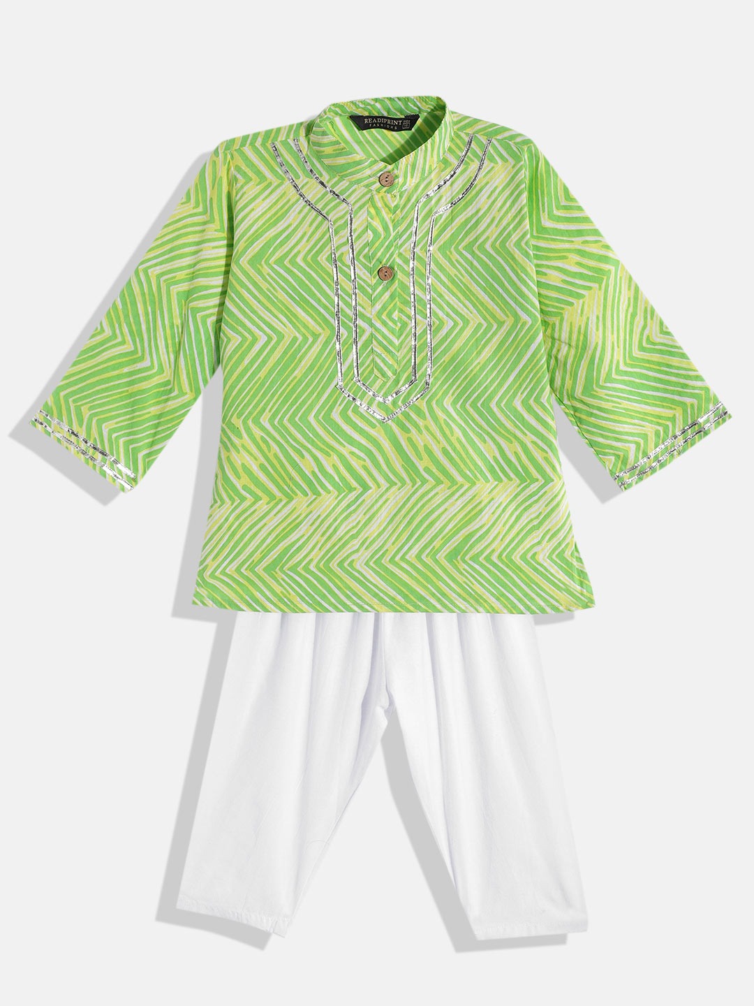 Boys Cotton Fabric Green Color Leheriya Printed Kurta And White Color Pyjama With Gota Lace Work