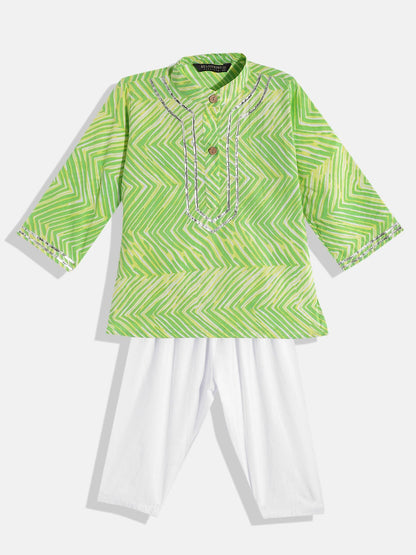 Boys Cotton Fabric Green Color Leheriya Printed Kurta And White Color Pyjama With Gota Lace Work
