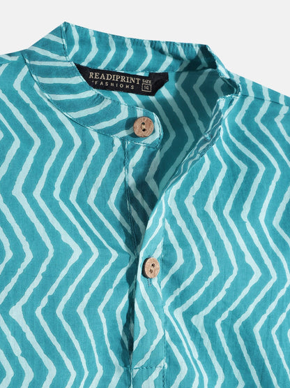 Boys Cotton Fabric Turquoise Blue Color Printed Kurta With Nehru Jacket And White Color Pyjama
