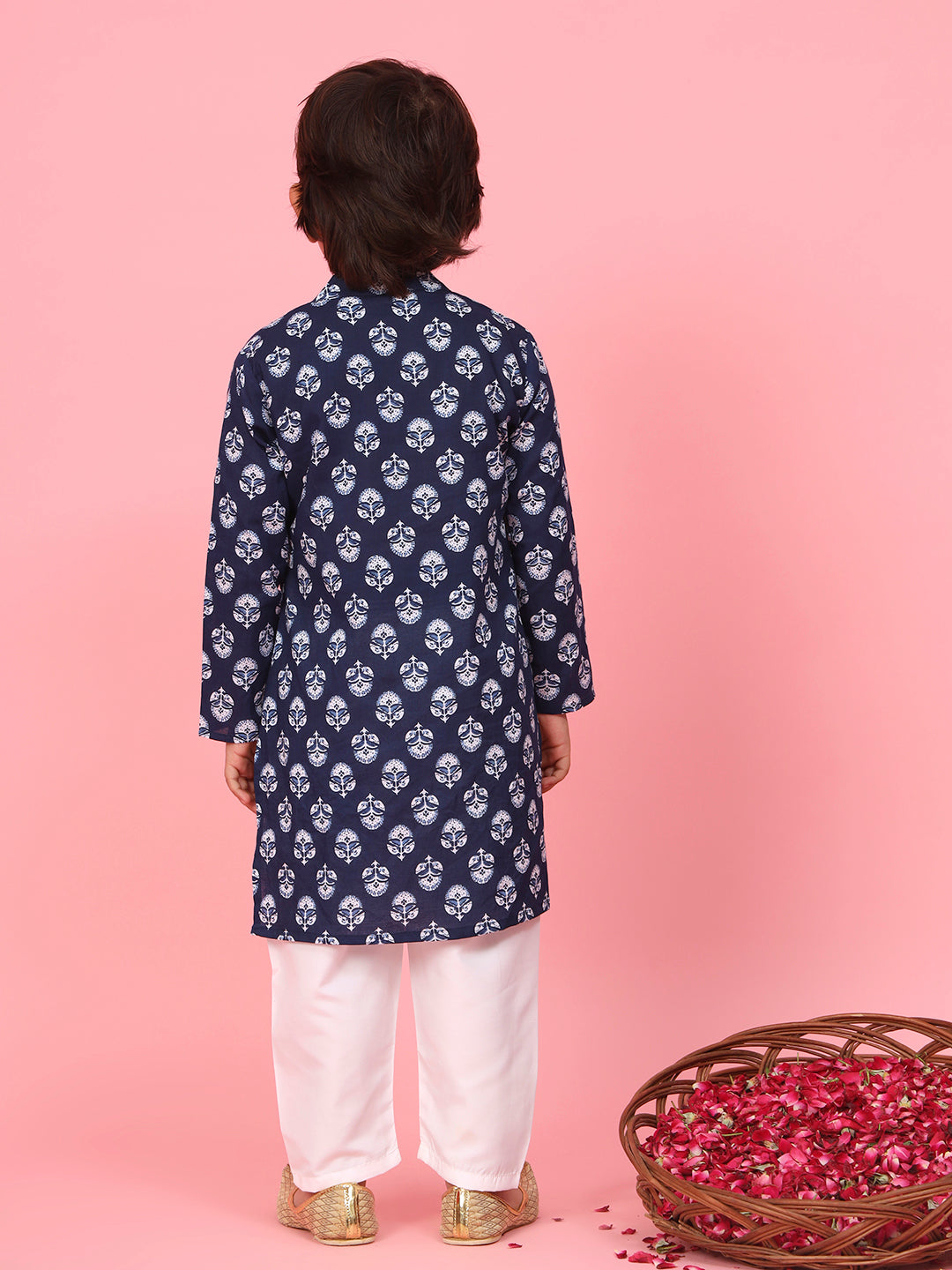 Boys Cotton Fabric Blue Color Printed Kurta With Wooden Buttons And White Color Pyjama