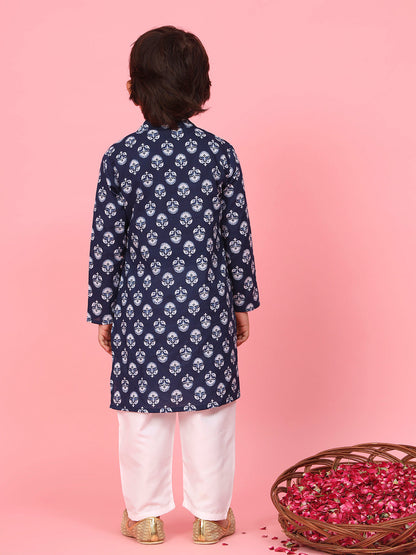 Boys Cotton Fabric Blue Color Printed Kurta With Wooden Buttons And White Color Pyjama