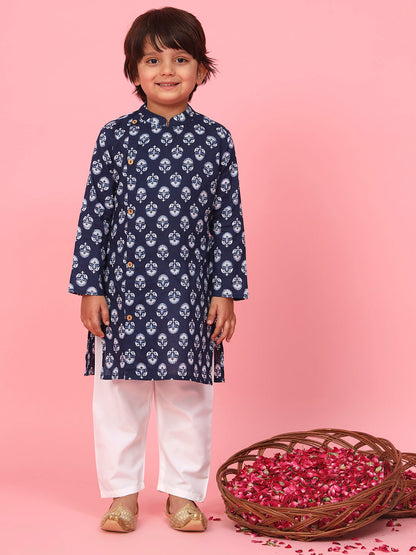 Boys Cotton Fabric Blue Color Printed Kurta With Wooden Buttons And White Color Pyjama