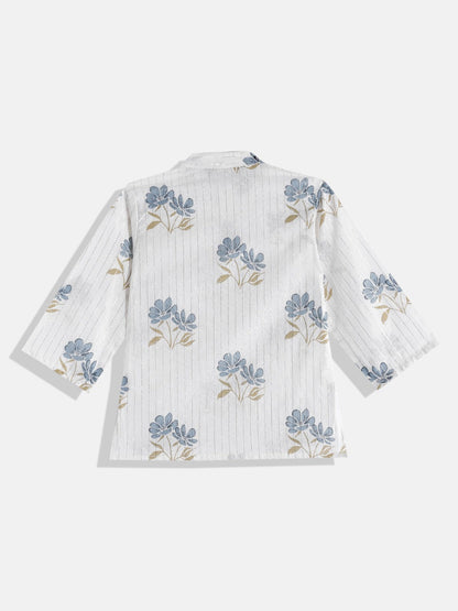 Boys Cotton Fabric White Color Floral Printed Kurta With Nehru Jacket And Pyjama
