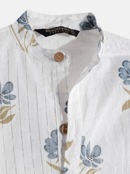 Boys Cotton Fabric White Color Floral Printed Kurta With Nehru Jacket And Pyjama