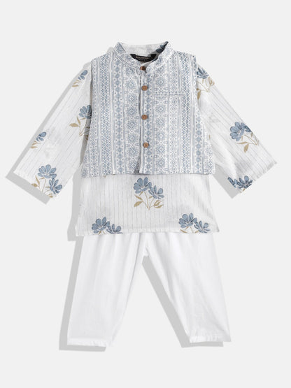 Boys Cotton Fabric White Color Floral Printed Kurta With Nehru Jacket And Pyjama