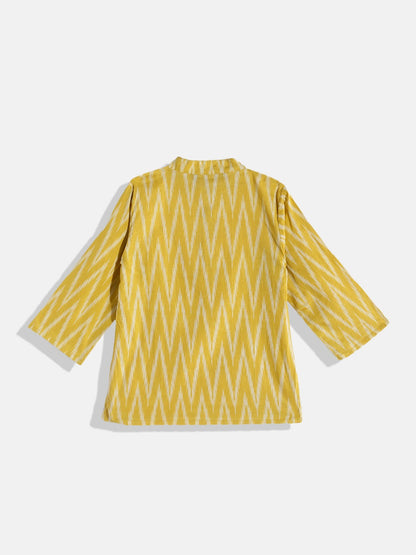 Boys Cotton Fabric Yellow Color Printed Kurta With White Color Pyjama And Nehru Jacket