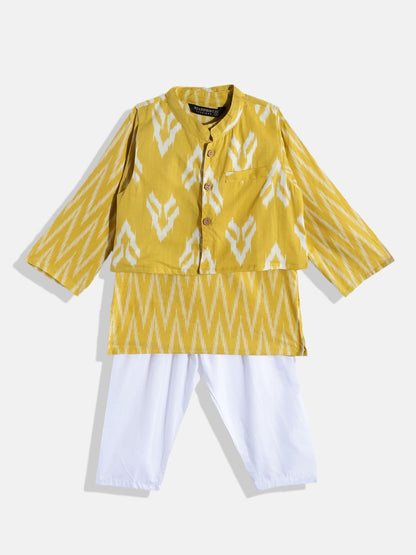 Boys Cotton Fabric Yellow Color Printed Kurta With White Color Pyjama And Nehru Jacket