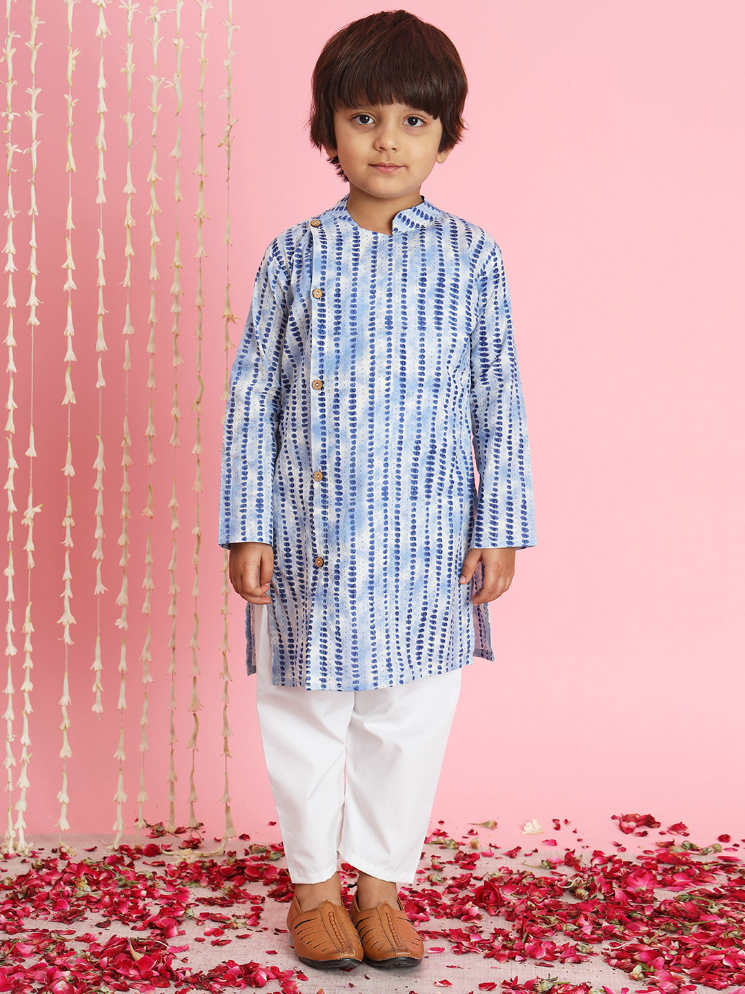Boys Straight Style Cotton Fabric Blue Color Printed Kurta With White Pyjama