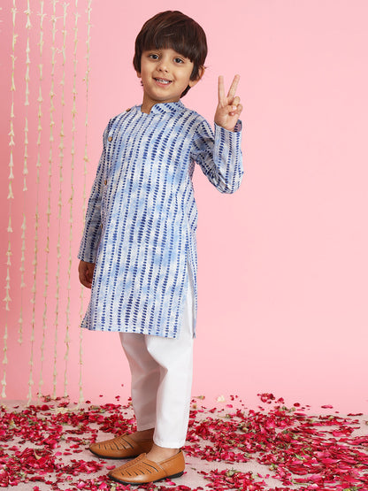 Boys Straight Style Cotton Fabric Blue Color Printed Kurta With White Pyjama