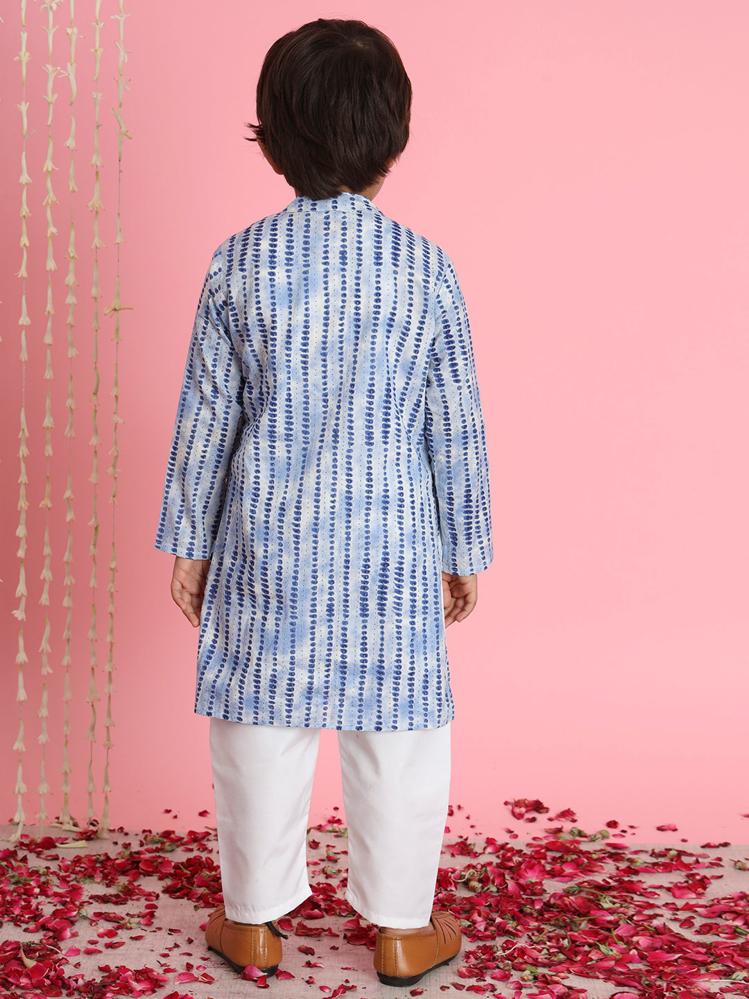 Boys Straight Style Cotton Fabric Blue Color Printed Kurta With White Pyjama