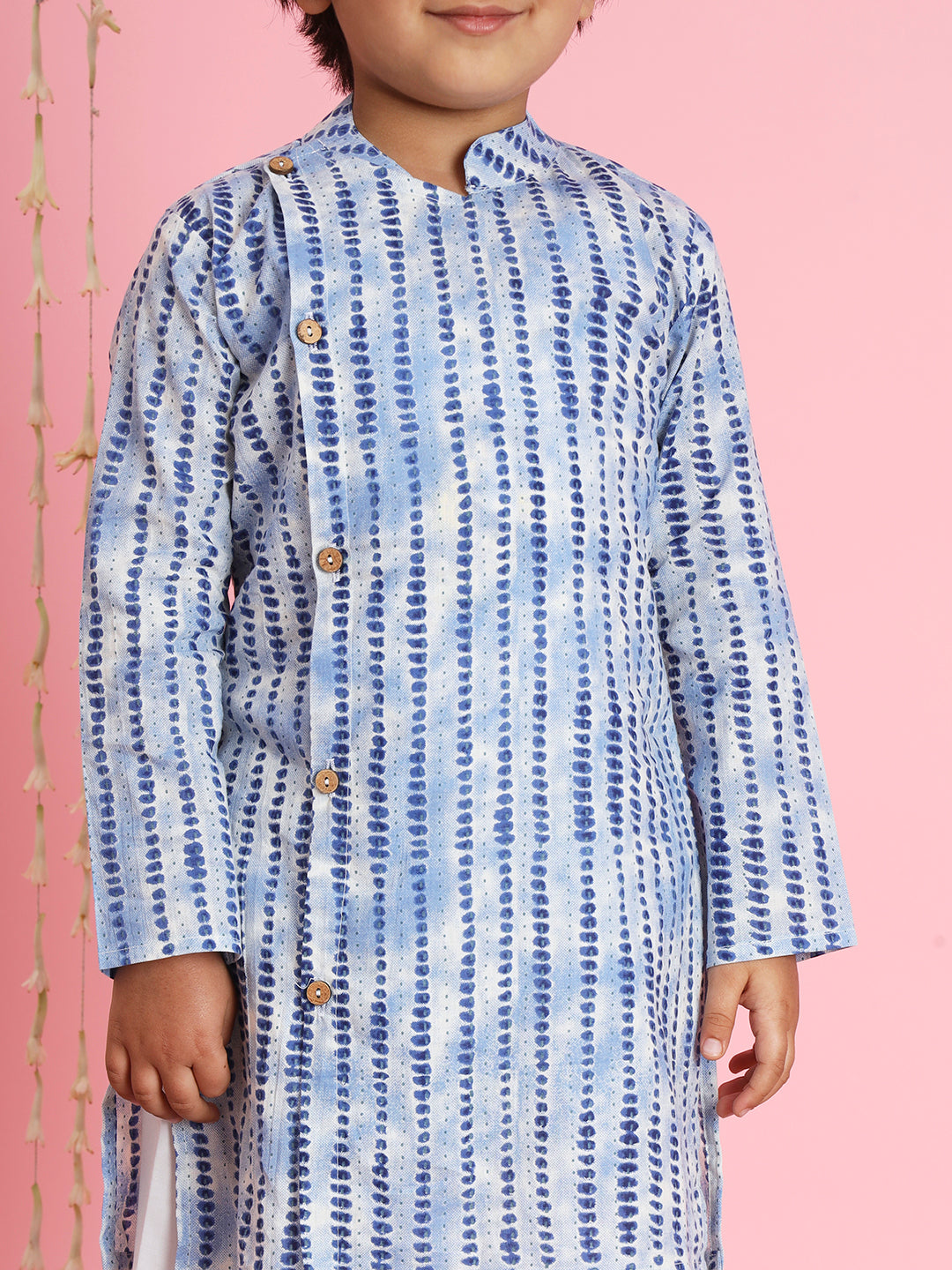 Boys Straight Style Cotton Fabric Blue Color Printed Kurta With White Pyjama