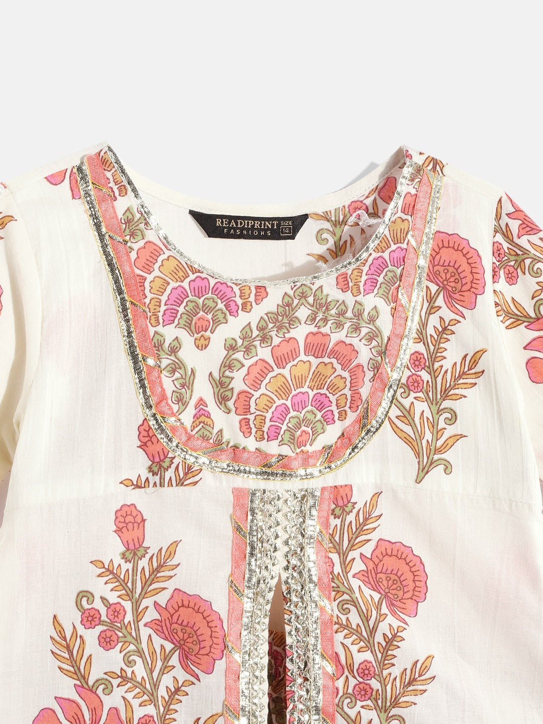 A Line Style Cotton Fabric Cream Color Floral Printed Kurta And Sharara With Gotta Lace