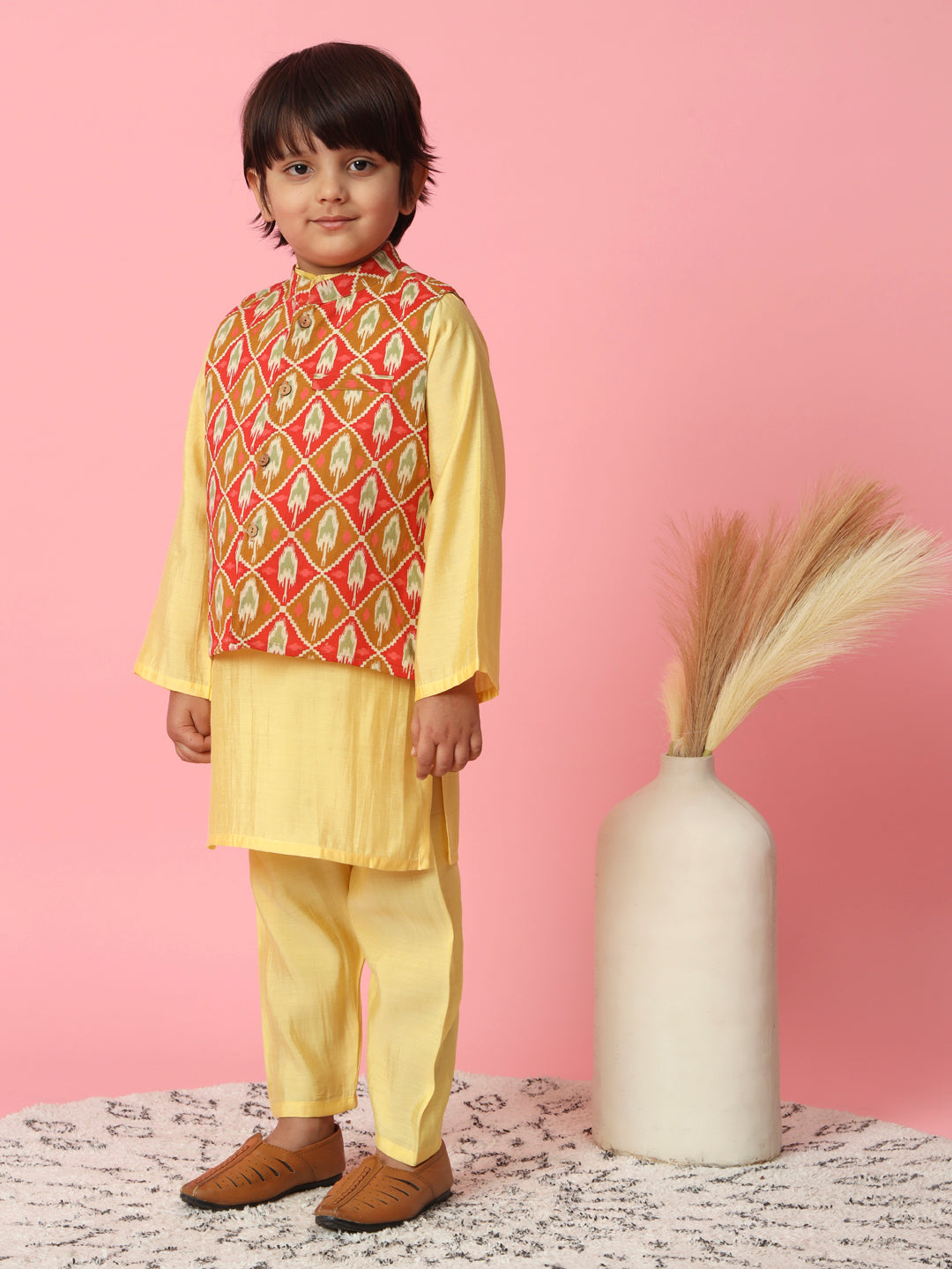 Boys Straight Style Cotton Silk Fabric Yellow Color Kurta And Pyjama With Red Cotton Printed Nehru Jacket