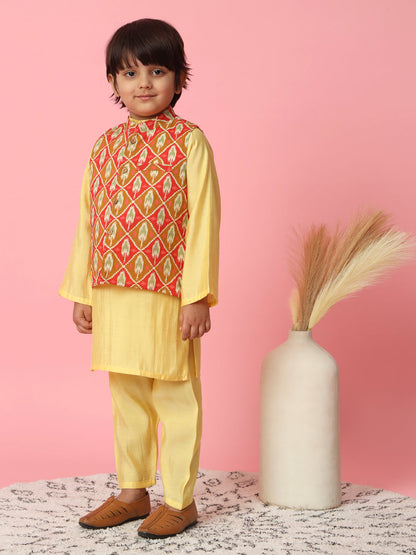Boys Straight Style Cotton Silk Fabric Yellow Color Kurta And Pyjama With Red Cotton Printed Nehru Jacket
