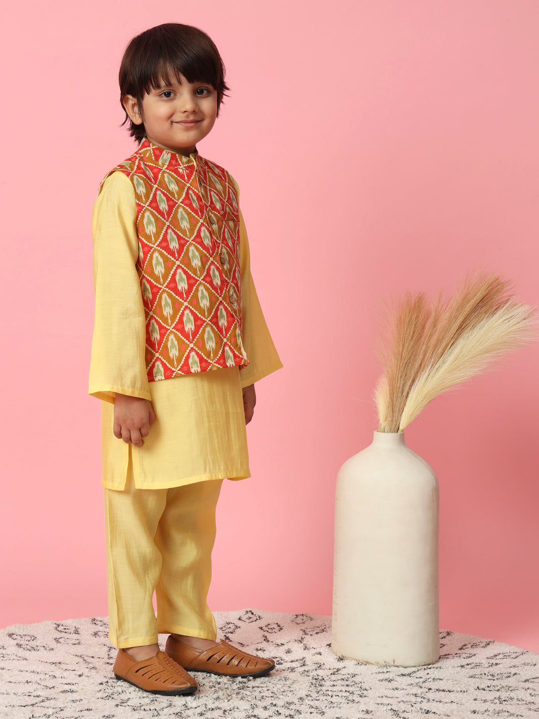 Boys Straight Style Cotton Silk Fabric Yellow Color Kurta And Pyjama With Red Cotton Printed Nehru Jacket