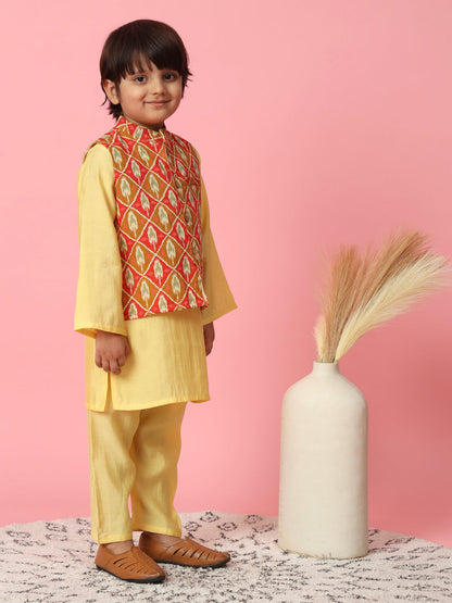 Boys Straight Style Cotton Silk Fabric Yellow Color Kurta And Pyjama With Red Cotton Printed Nehru Jacket