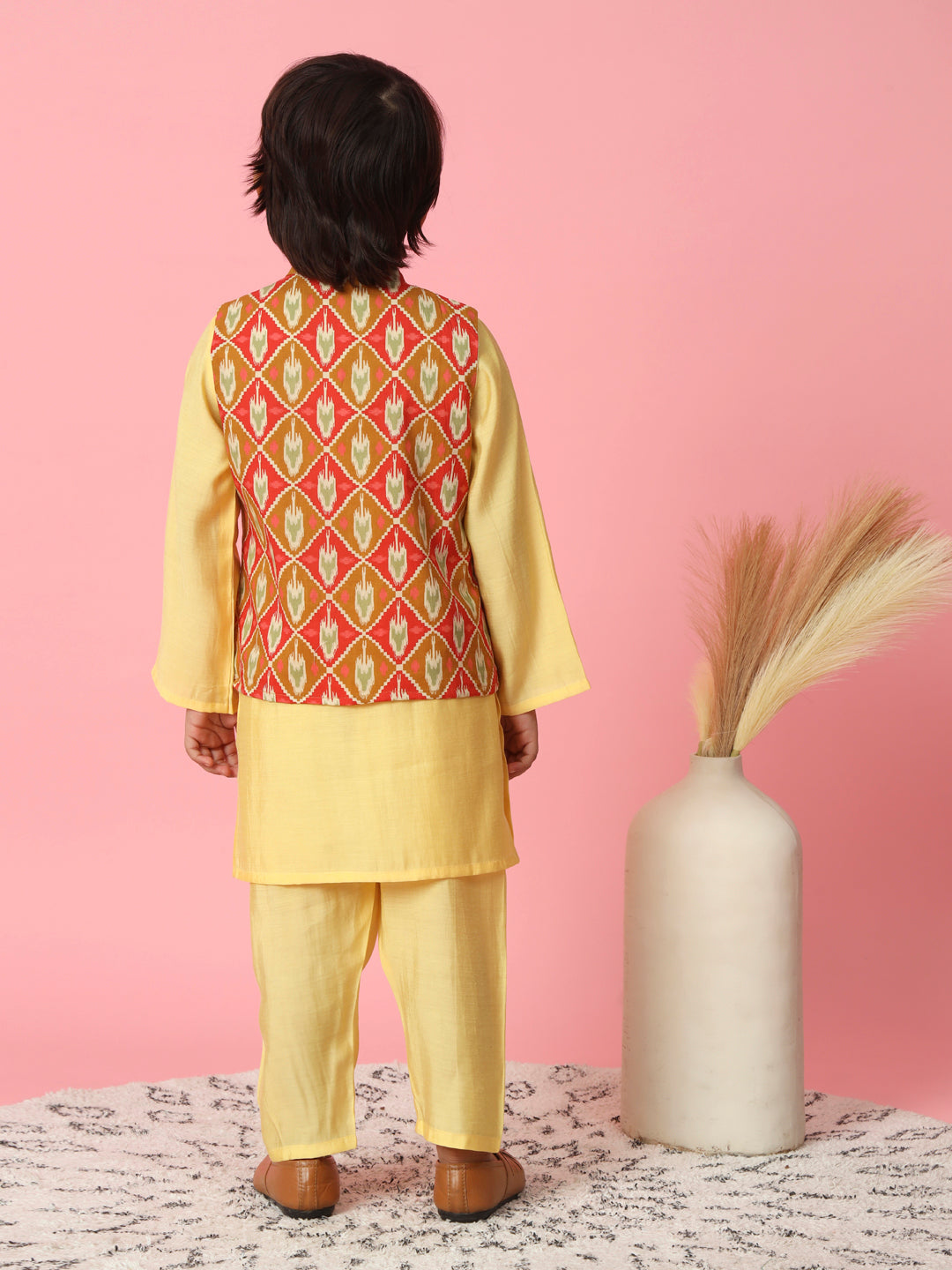 Boys Straight Style Cotton Silk Fabric Yellow Color Kurta And Pyjama With Red Cotton Printed Nehru Jacket